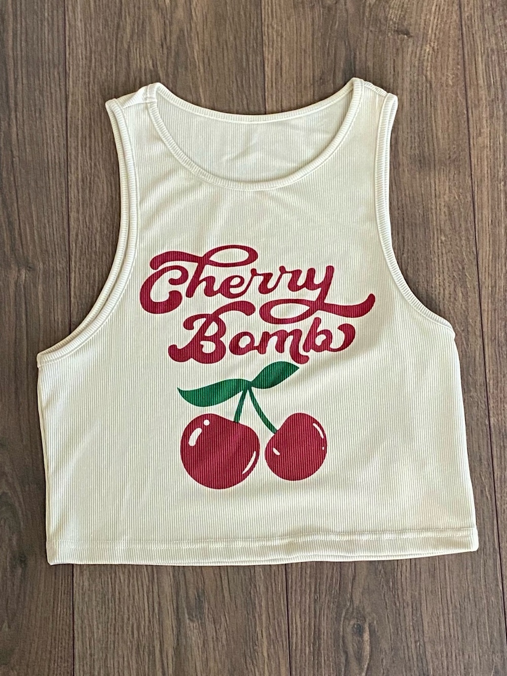 ROMWE Cream Ribbed Cherry Tank Top
